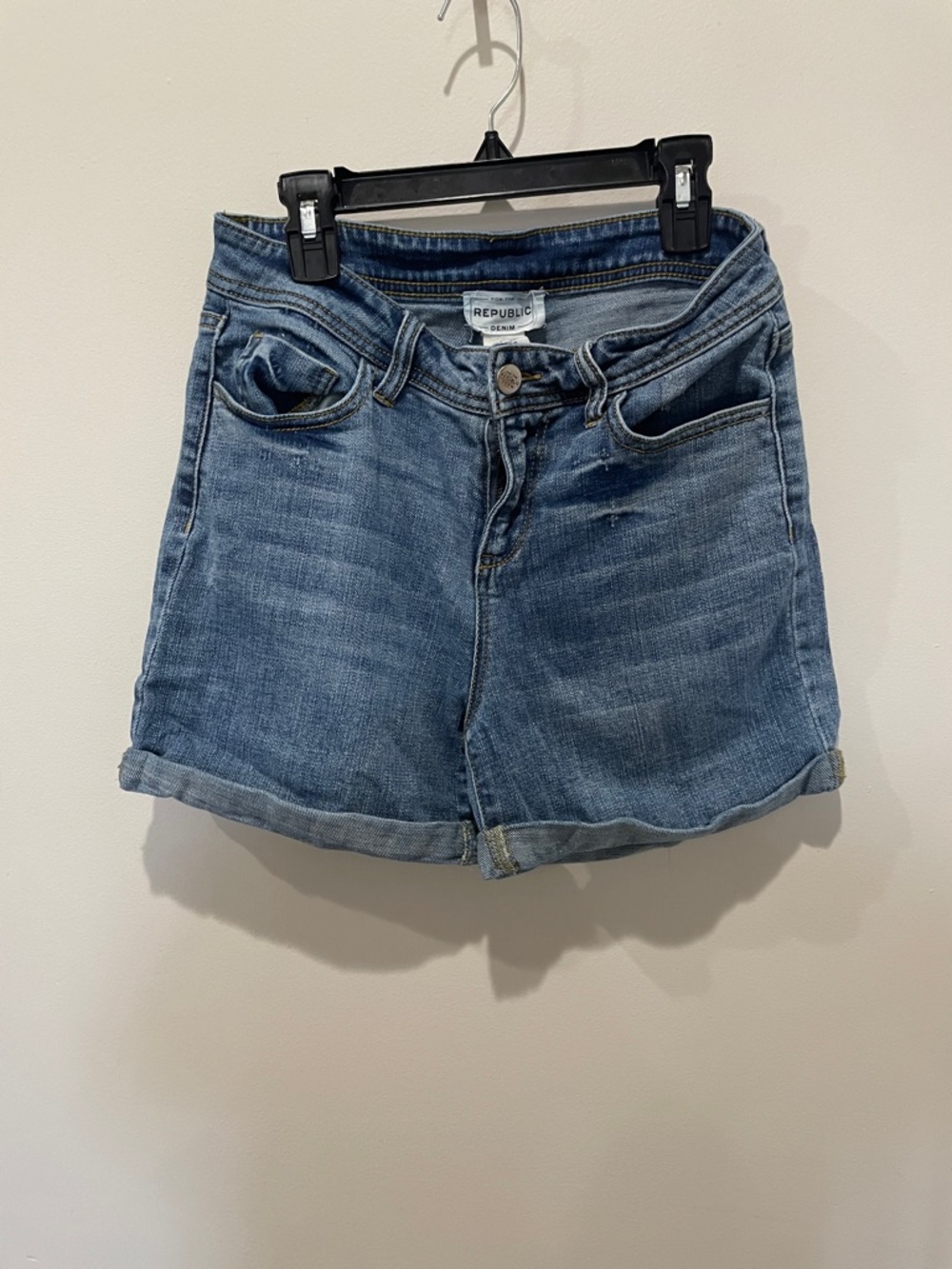 For The Republic Light Blue Denim Shorts with Yellow Topstitch